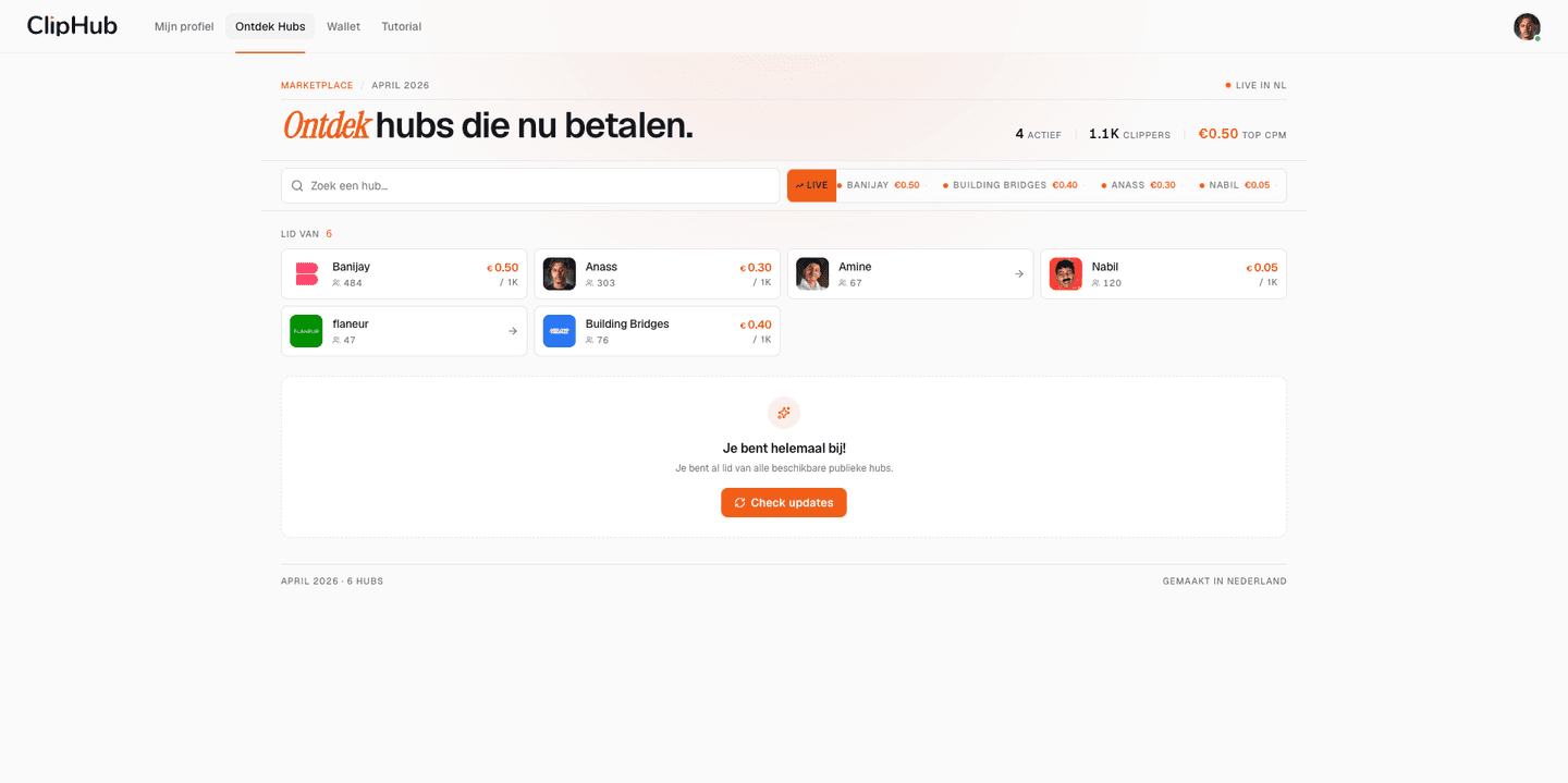 Het echte ClipHub-dashboard met campagnes en deelnemers