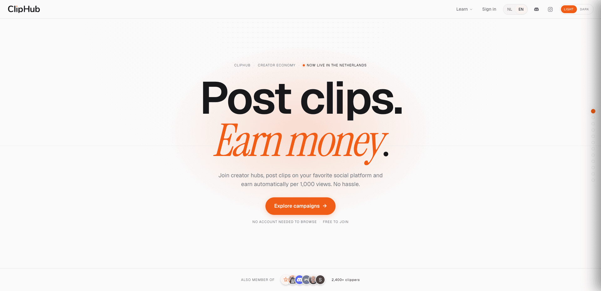 The ClipHub landing page